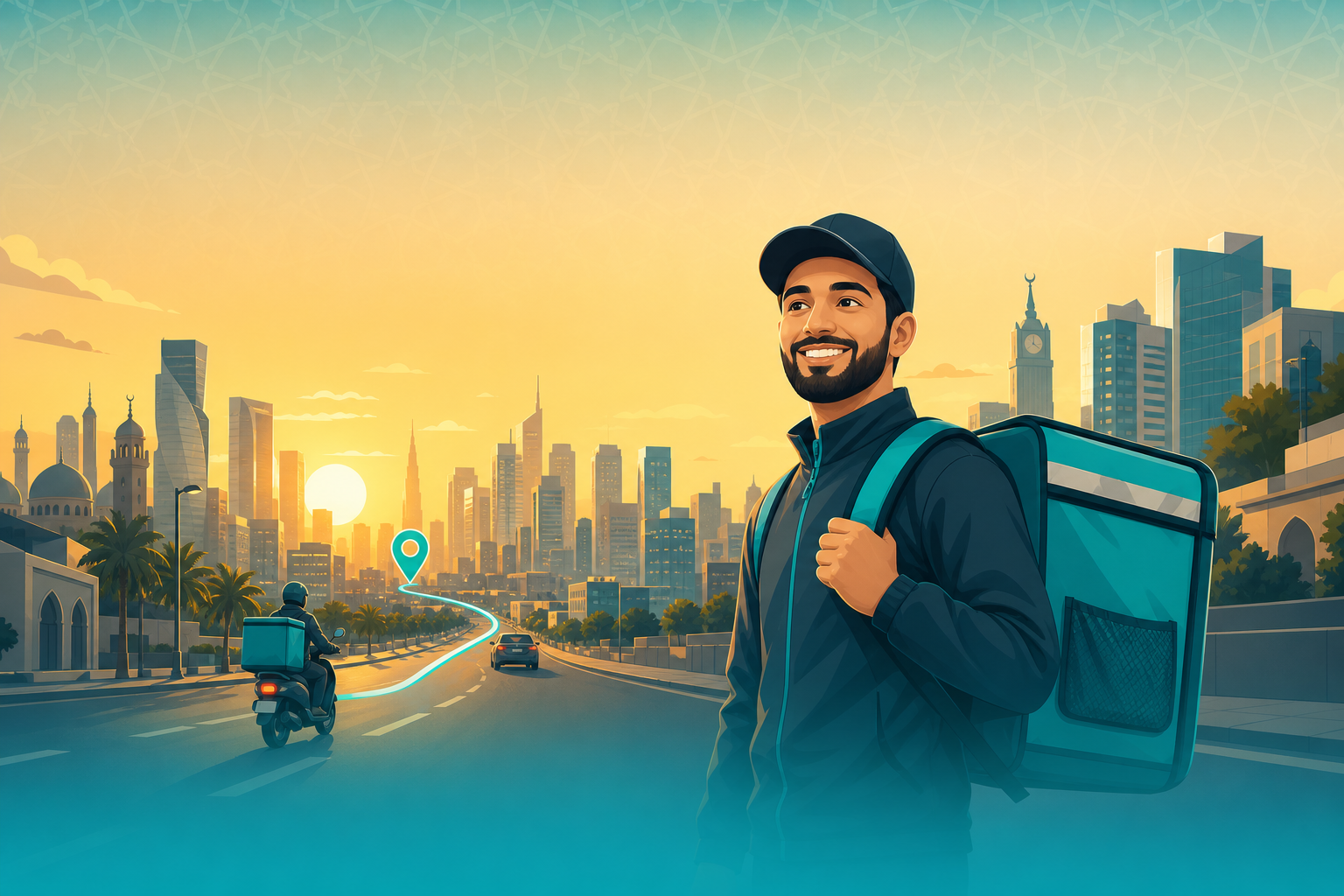 Illustration of a smiling HalalMap delivery driver with an insulated bag and a city skyline at sunset